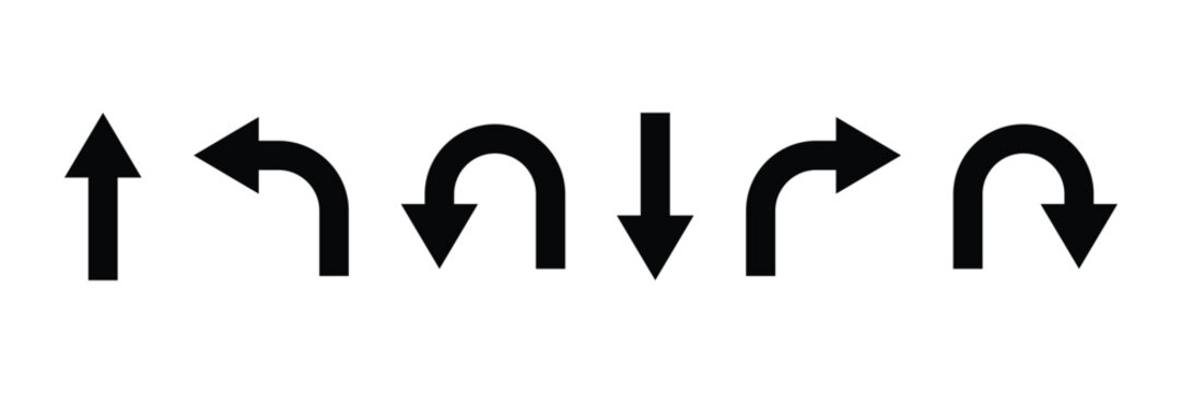 Direction icon set. U turn arrow icon set. Go straight, this way, one way only U turn, left and right arrow icons. Vector illustration.