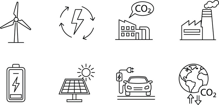 Renewable energy and sustainability icons set including wind solar electric car battery carbon emissions and industry symbols
