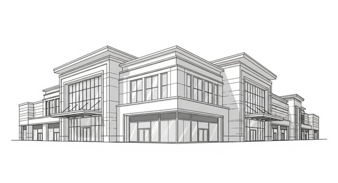 Architectural sketch of a modern commercial building facade.