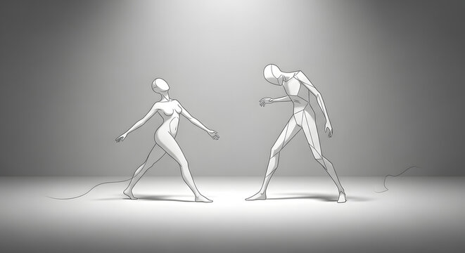 Abstract illustration of two faceless mannequins or human figures dancing in empty studio with spotlight.