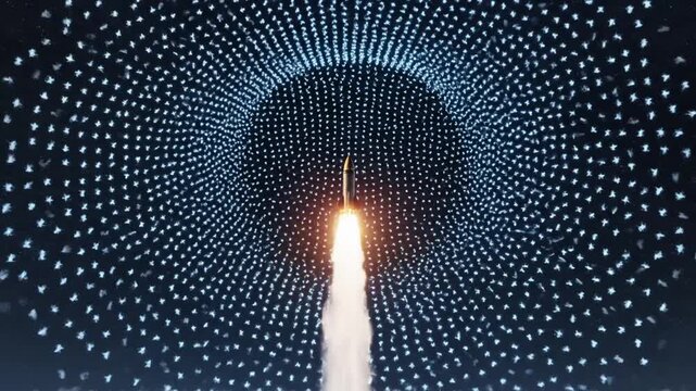 Rocket launching through clouds with glowing blue up arrows to space