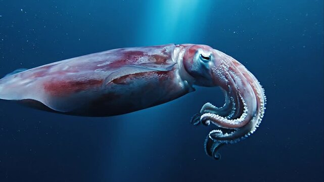 Cuttlefish Gracefully Swimming and Changing Color in Deep Blue Sea