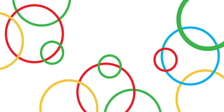 Abstract background with colorful thin geometric outline circles in green, red, blue, and yellow on white. eps 10