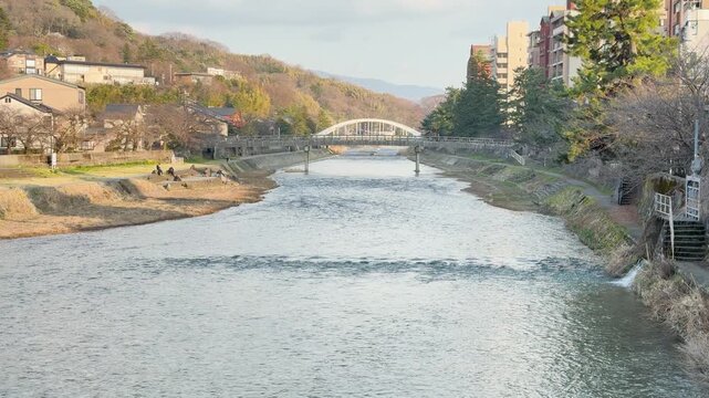 Scenic View of Asano River and Ume no Hashi Bridge in Kanazawa
