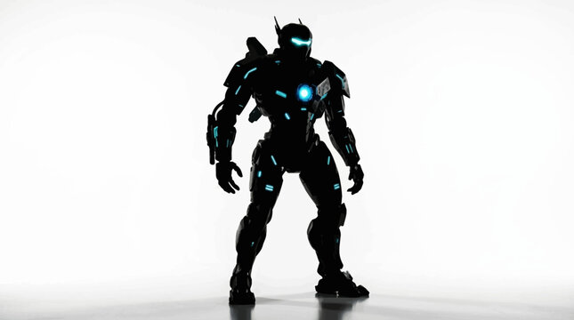 Black robot with blue lights standing on white background
