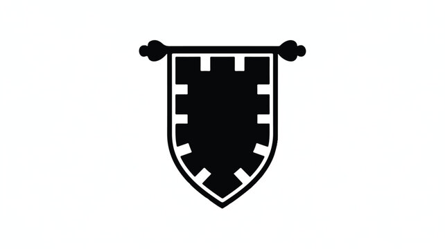 black and white shield icon with castle wall pattern and banner  heraldry symbol