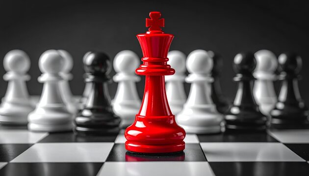 Close-up of a red knight on a chessboard, representing tactics, competition, and smart decision making.