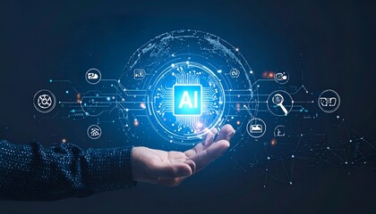 Fototapeta premium AI visualization with network connections and tech symbols, representing automation, analytics, and digital transformation.