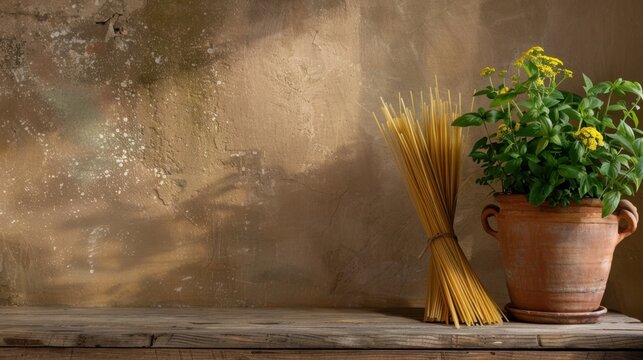Rustic kitchen decor with dried spaghetti and potted plant on wooden table against textured wall background