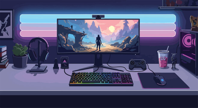 A colorful gaming desk with monitor and peripherals, fantasy landscape on screen