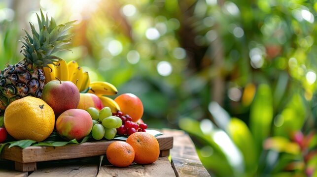Fresh and Colorful Assortment of Tropical Fruits on a Wooden Table with Lush Greenery Background