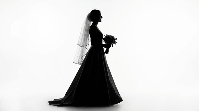 Silhouette of a beautiful bride in a wedding dress holding bouquet