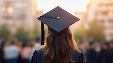 Fototapeta na wymiar Back view of a young woman student wearing a graduation cap and gown, standing outdoors with a city background