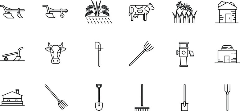 Agriculture farming line icon set with farm tools livestock crops and rural equipment vector illustration