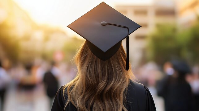 Graduate woman with wavy hair wearing a cap and gown, walking away from camera, symbolizing achievement and new beginnings