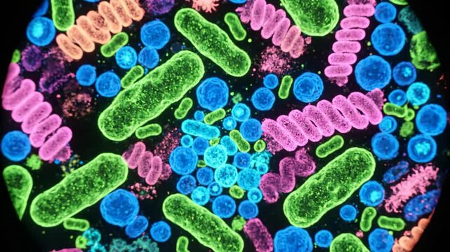 A microscopic view of variously shaped and colored microorganisms