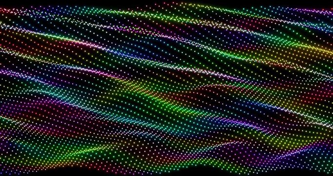 Abstract colorful glowing dot wave. Cyber digital stylized dot art background. 4K 3D rendering loop animation.