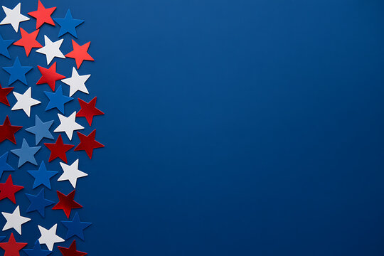 Vertical star border design featuring various red white and blue stars on deep blue backdrop for American national holidays fourth of July and patriotic theme with large copy space.