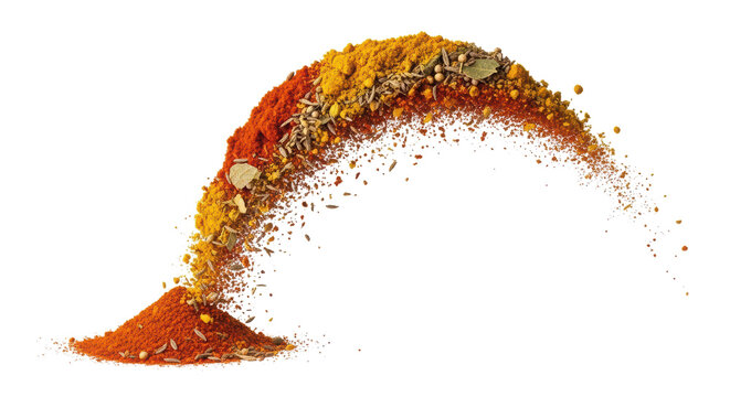 Aromatic spice explosion in motion, colorful seasoning powder splash, vibrant culinary spices and herbs flying in an arc shape for cooking isolated PNG with Transparent Background