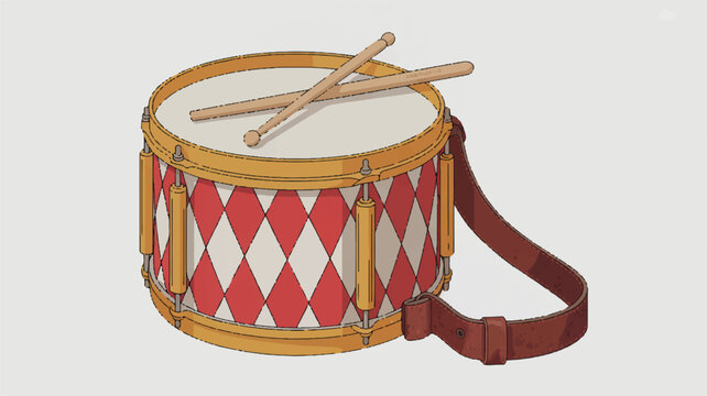 Red and white drum with brown strap and drumsticks on top
