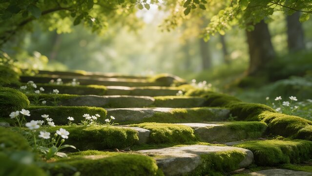Mossy stone steps in forest
