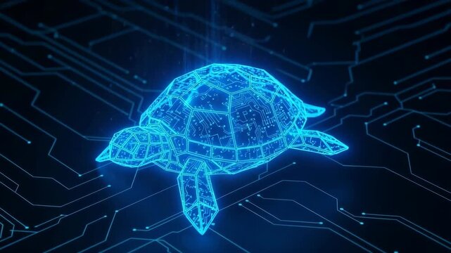 3d Rendered Geometric Turtle Illuminated In Blue Showcasing Digital Circuit Board Design Floating On Dark Blue Background Illustrates Tech Ai Cybersecurity Concepts For Website Backg