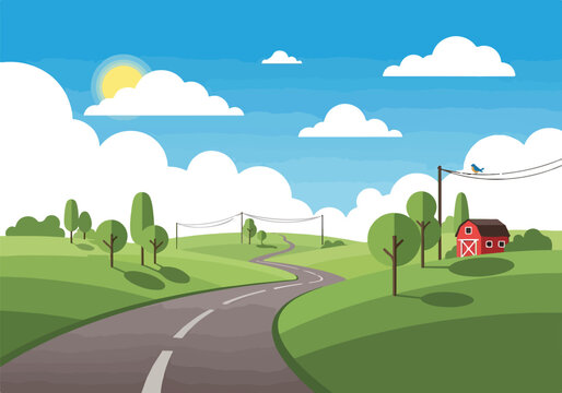 A serene countryside road winding through green hills