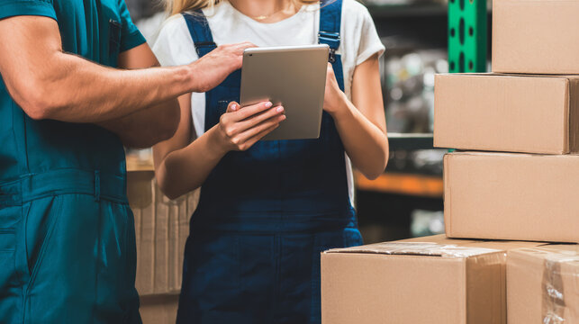 Warehouse worker tablet logistics inventory box teamwork modern storage uniform industrial professional concept