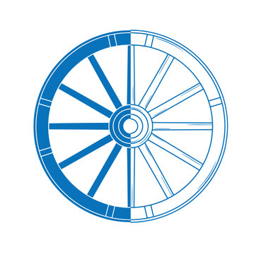 Blue illustration of a wagon wheel with spokes on white background