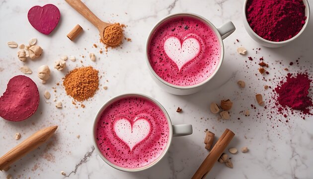 Fresh and healthy Beetroot Lattes concept with an emphasis on plant-based ingredients: colorful pink foam, various cinnamon heart stencils, unique oat milk base, and wholesome beetroot powder, brightl