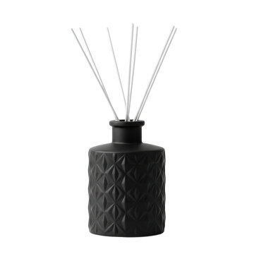 Matte black ceramic reed diffuser with diamond texture and wooden sticks on white background minimalist interior design atmosphere