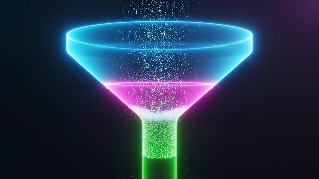 Glowing neon funnel filtering glowing blue particles, abstract digital data processing concept, dark background