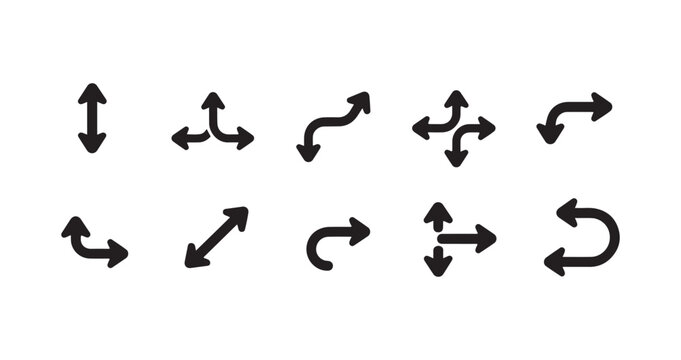 Collection of black arrow icons. multiple direction, turn, and scroll signs.