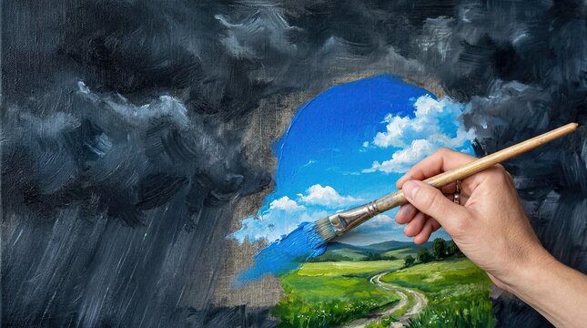 Hand painting blue sky and green field over dark stormy background