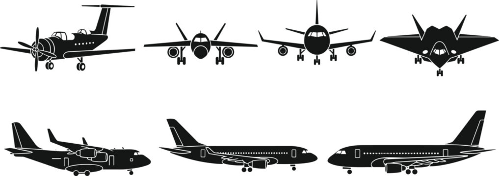 Airplane silhouettes collection featuring commercial jets and military aircraft, front and side views isolated on white background for aviation design