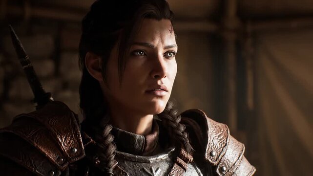 A warrior woman with her eyes closed, sunlight highlighting her face and armor