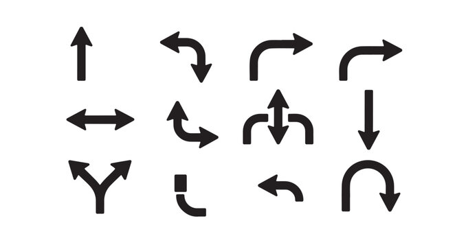 Bent and curved arrow icons representing turns and complex paths for mapping and logistics.