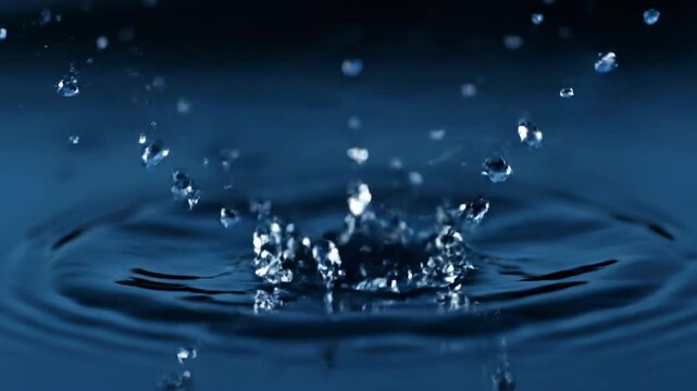 A water droplet's impact creating a crown-like splash and reflection