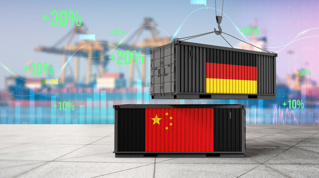 Global Trade Dynamics: A conceptual representation of international trade with cargo containers bearing the flags of Germany and China, suspended against the backdrop of a busy port.