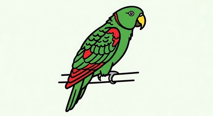 Fototapeta premium Vibrant Green Parrot Perched on a Branch with Bright Red Feathers and Yellow Beak