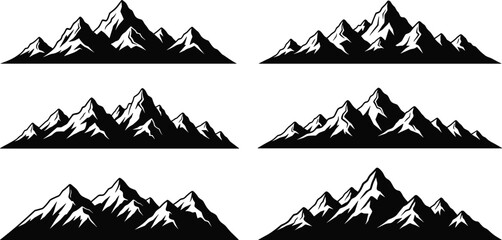 Fototapeta premium Set of black mountain silhouettes with snow capped peaks, alpine landscape vector illustration, minimalist nature design for outdoor branding use
