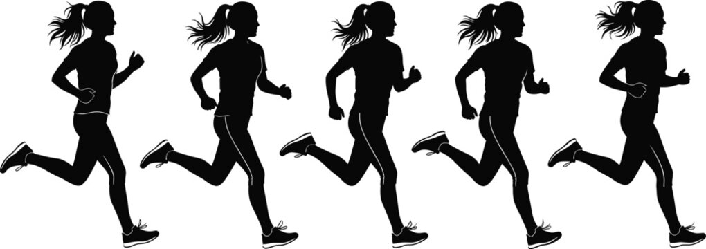 Set of female runner silhouettes in motion sequence jogging and sprinting isolated on white background, fitness sport vector illustration