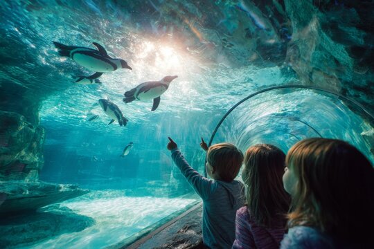 Modern aquarium family attraction penguin exhibit underwater tunnel child family tourism education aquatic animal glass tunnel indoor water blue viewing window wildlife marine life sealife zoo