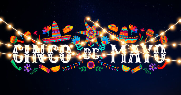 Colorful cinco de mayo celebration banner with festive decorations and lights in vibrant style