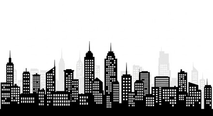 Fototapeta premium Black silhouette of a modern city skyline with many buildings.