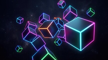 Fototapeta premium Neon cubes, glowing 3D blocks, futuristic shapes, colorful neon lights