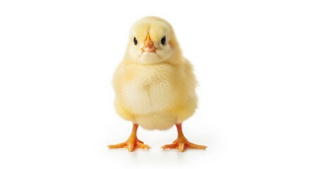 Fototapeta premium A small yellow chick standing on a white background looking cute