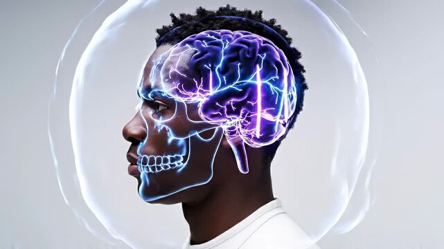 human head side view as brain waves pulse through neural pathways inside transparent skull, illustrating cognitive activity, signal processing, neuroscience research and medical visualization