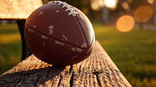 An american football ball rests on the grass like a gourmet chocolate praline, featuring brown leather and white laces shaped like a delicious Easter egg isolated in the stadium