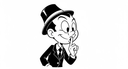 Naklejka premium Cartoon man in a suit and hat making a shushing gesture.